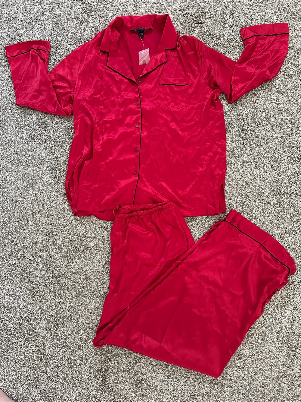 New Vintage Victoria's Secret Red Satin Pajama Set with Black Trim